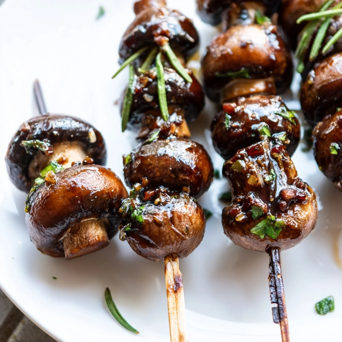 Charred and juicy Balsamic Garlic Grilled Mushroom Skewers with parsley and balsamic drizzle.