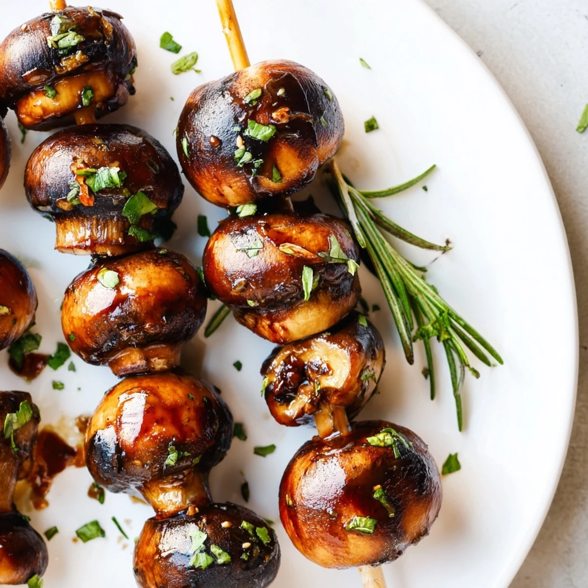Weeknight ready Balsamic Garlic Grilled Mushroom Skewers resting on cutting board, quick to serve.