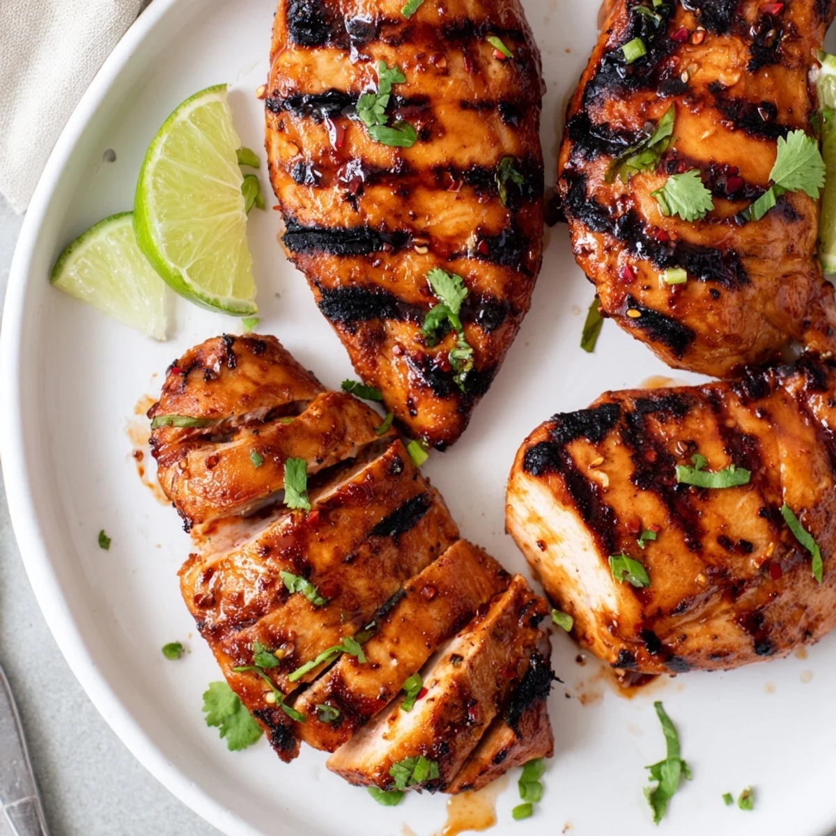 Grilled Spicy Honey Lime Chicken with charred edges, glossy glaze, lime wedges  