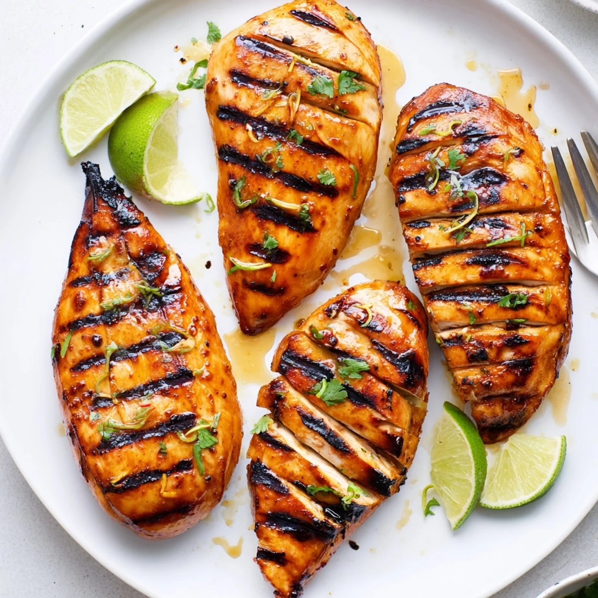 Juicy Grilled Spicy Honey Lime Chicken resting on platter, cilantro and lime  