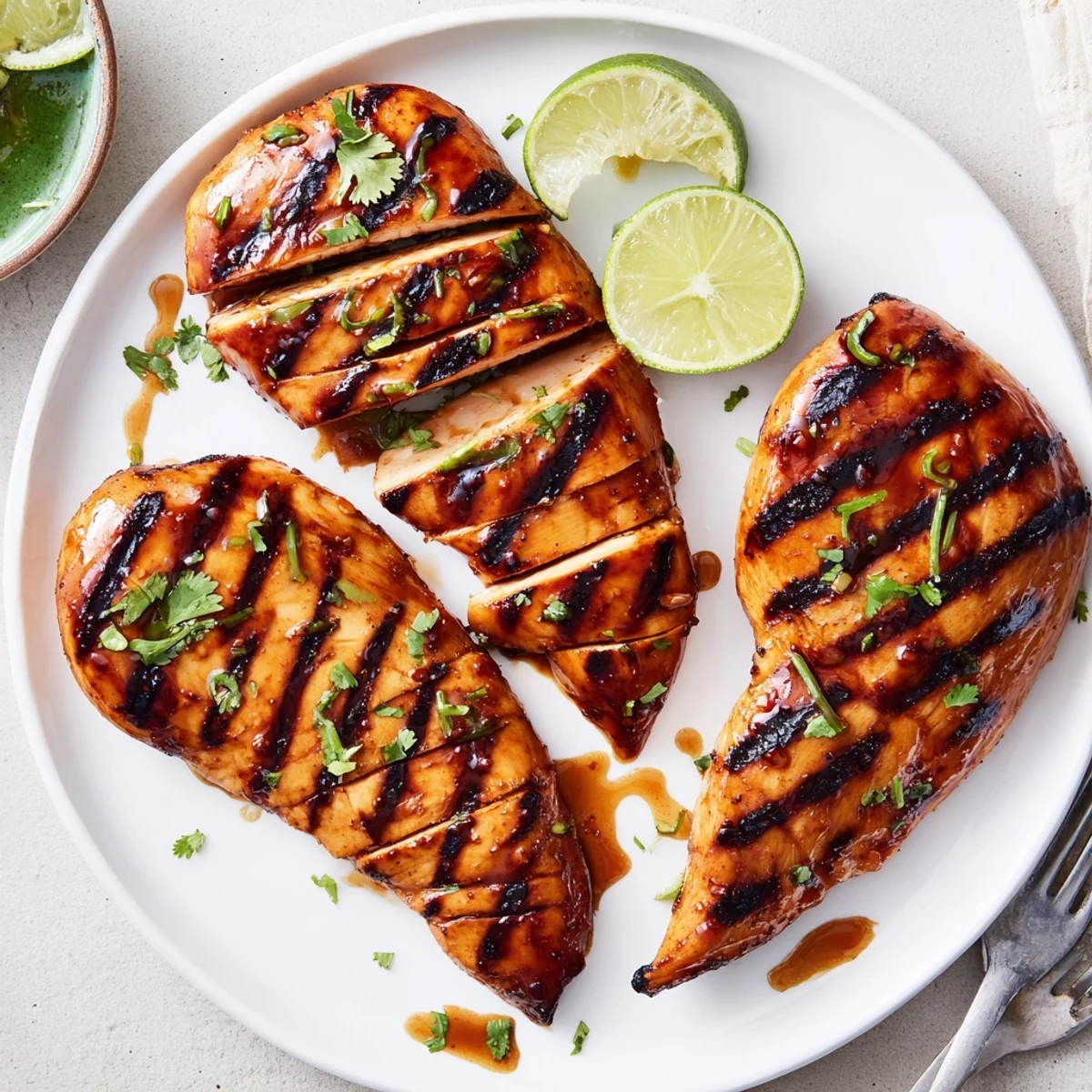 Smoky-sweet Grilled Spicy Honey Lime Chicken sliced, drizzled, served with grilled corn