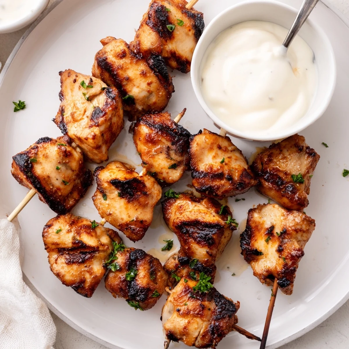 Grilled Chicken Bites With Creamy Garlic Sauce glistening, charred edges, ready for dipping.