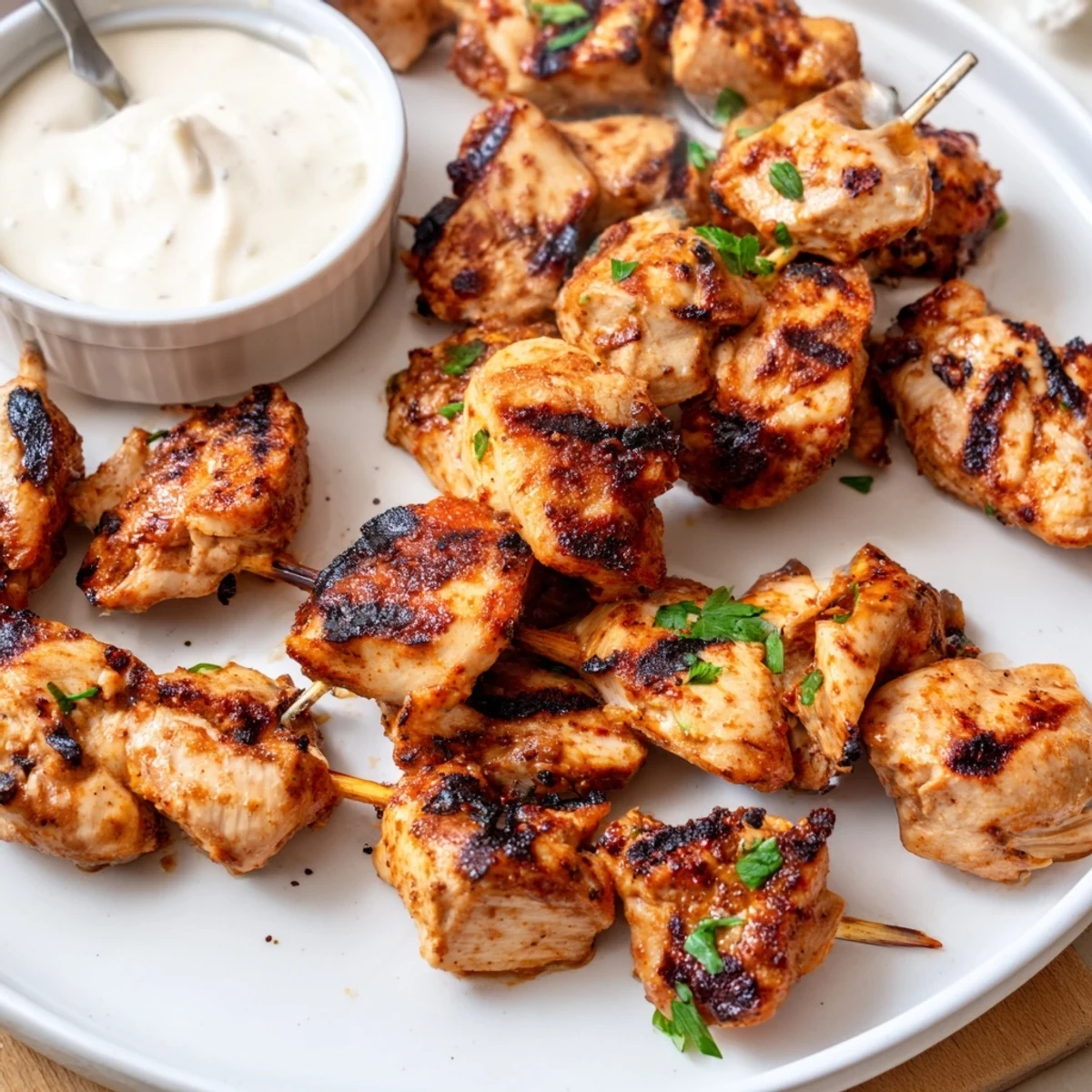 Plated Grilled Chicken Bites With Creamy Garlic Sauce beside bright lemon wedges.