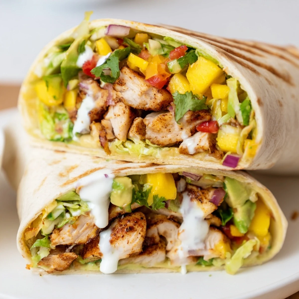 Golden grilled chicken slices nestled in warm tortillas topped with vibrant avocado mango salsa and crisp lettuce