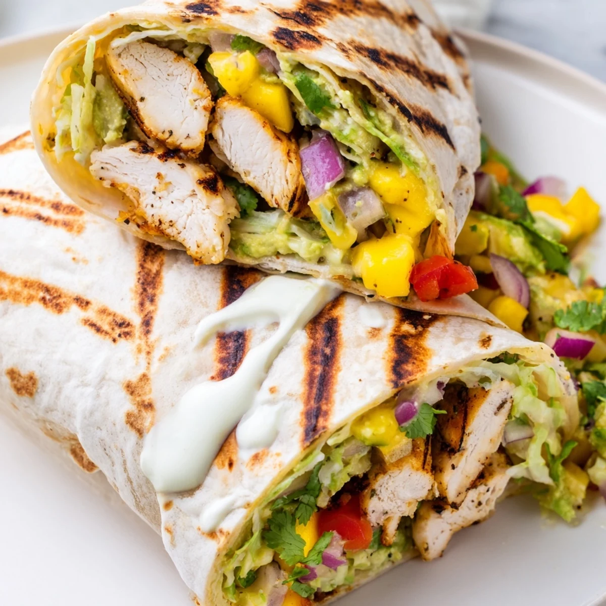 Summer grilled chicken wraps filled with juicy spiced chicken and colorful fresh mango avocado salsa