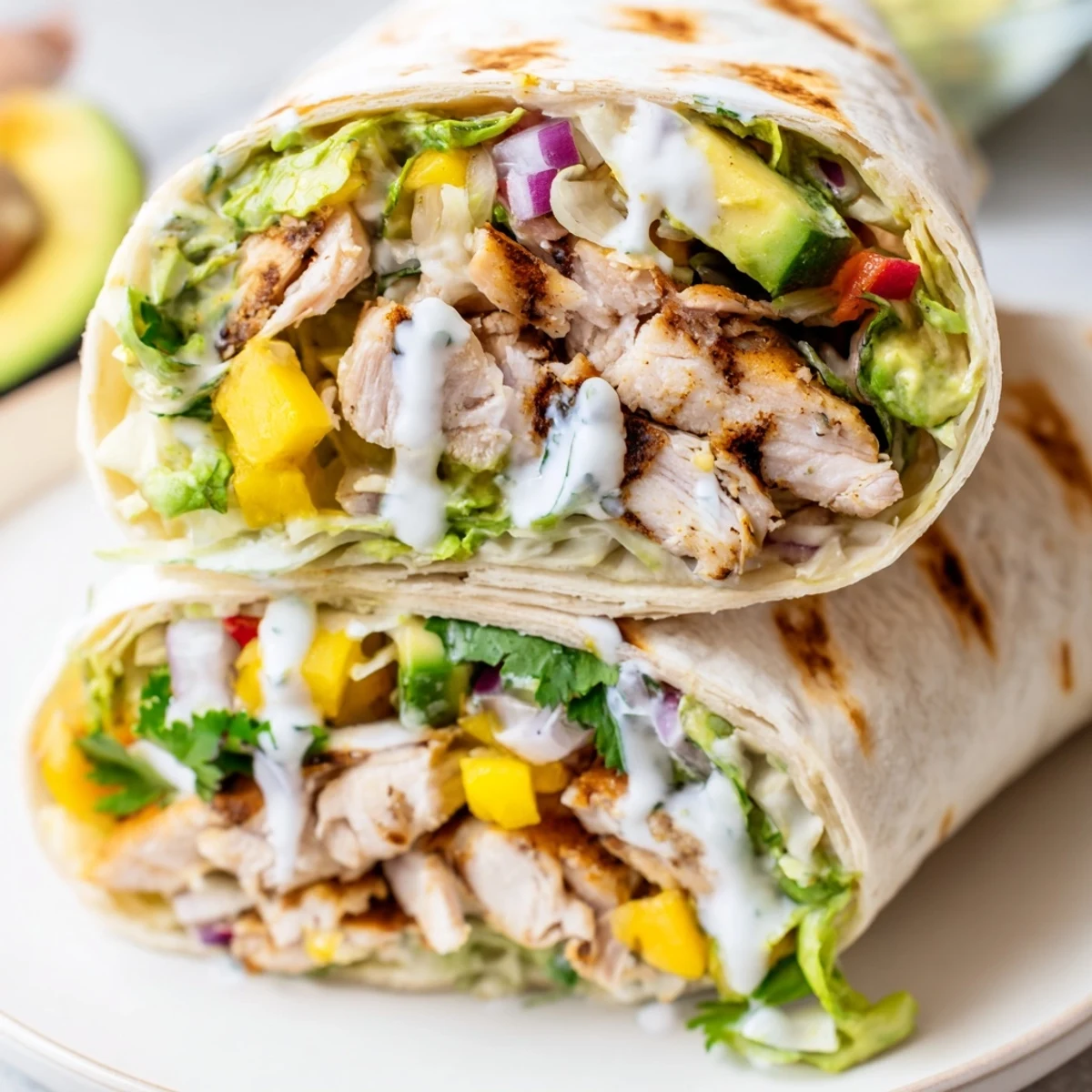 Handheld grilled chicken wraps featuring tender marinated chicken with creamy diced avocado and sweet mango salsa