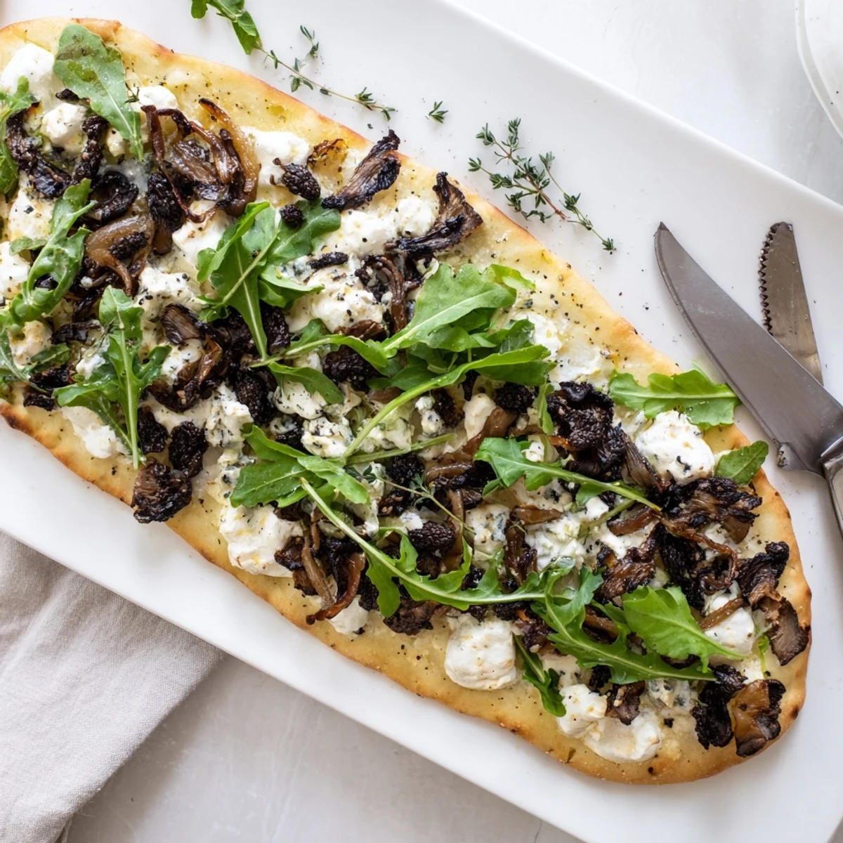 Golden morel mushroom arugula flatbread with truffle oil featuring melted mozzarella and goat cheese