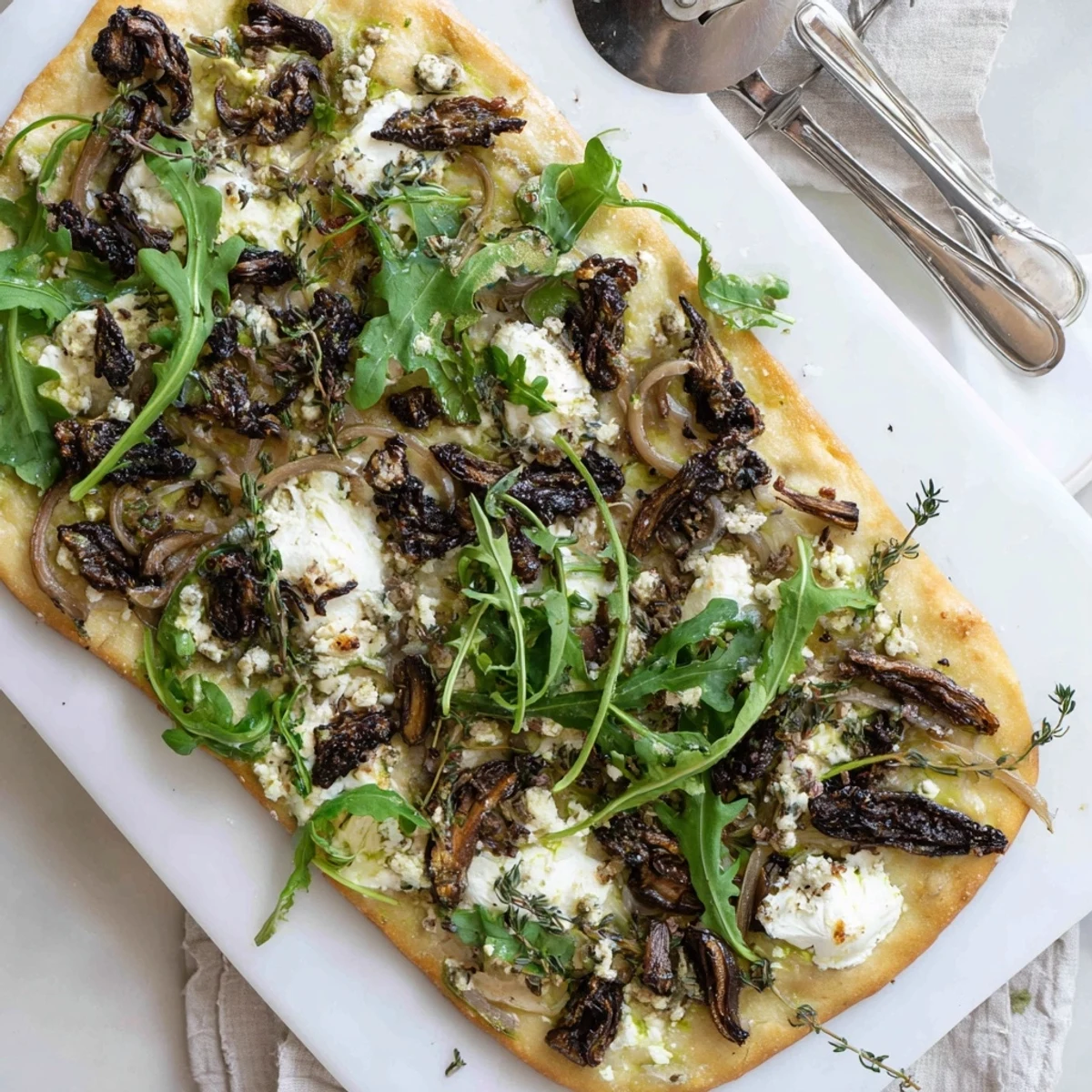 Gourmet flatbread topped with sautéed morel mushrooms, fresh arugula, and luxurious truffle oil drizzle