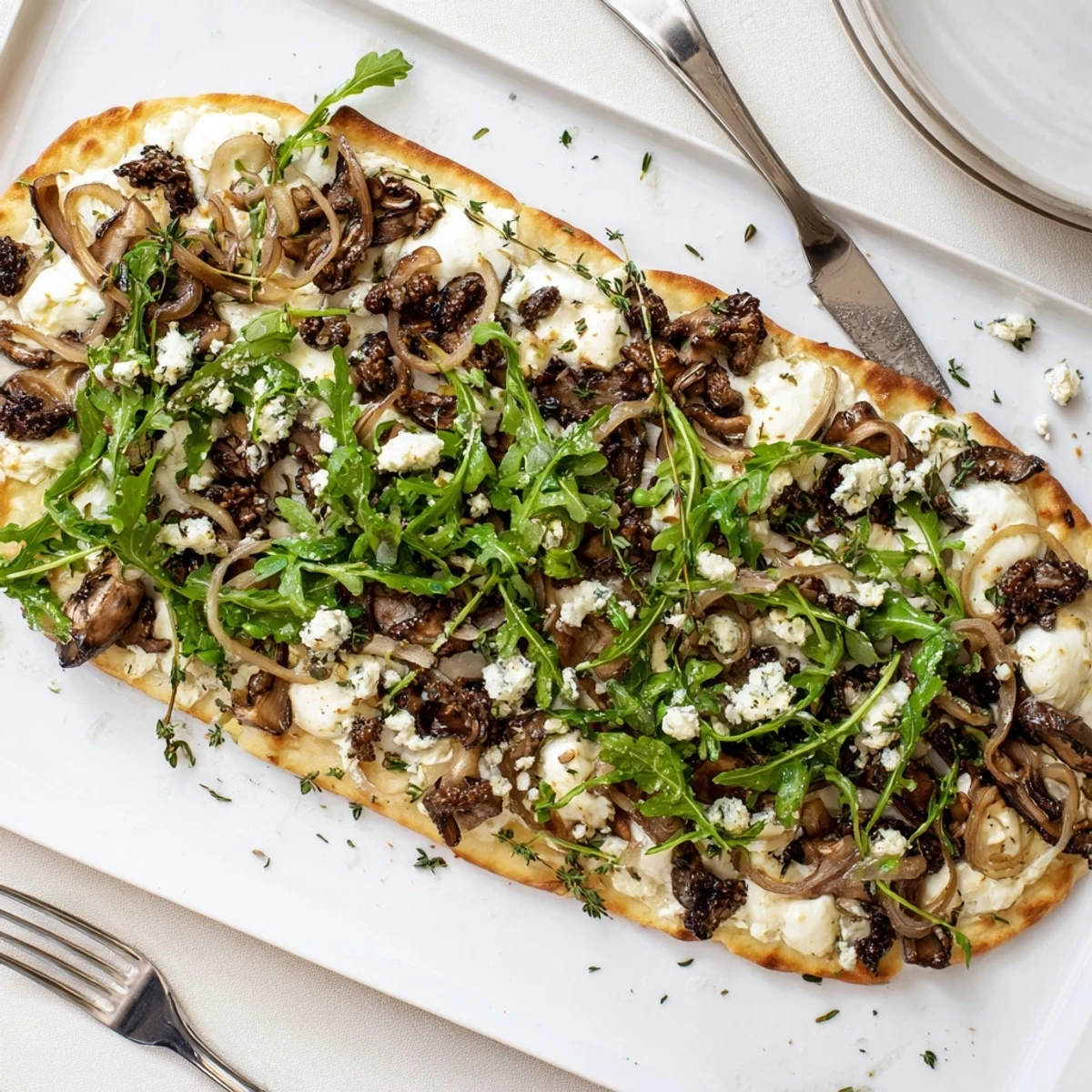 Crispy morel mushroom arugula flatbread with bubbling cheeses finished with aromatic truffle oil