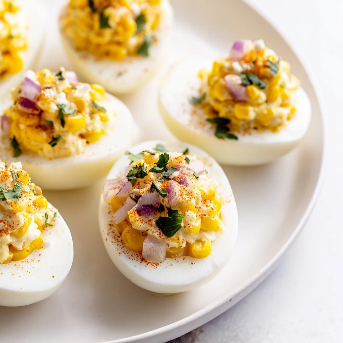 Mexican Street Corn Deviled Eggs topped with crumbled cotija cheese and fresh cilantro