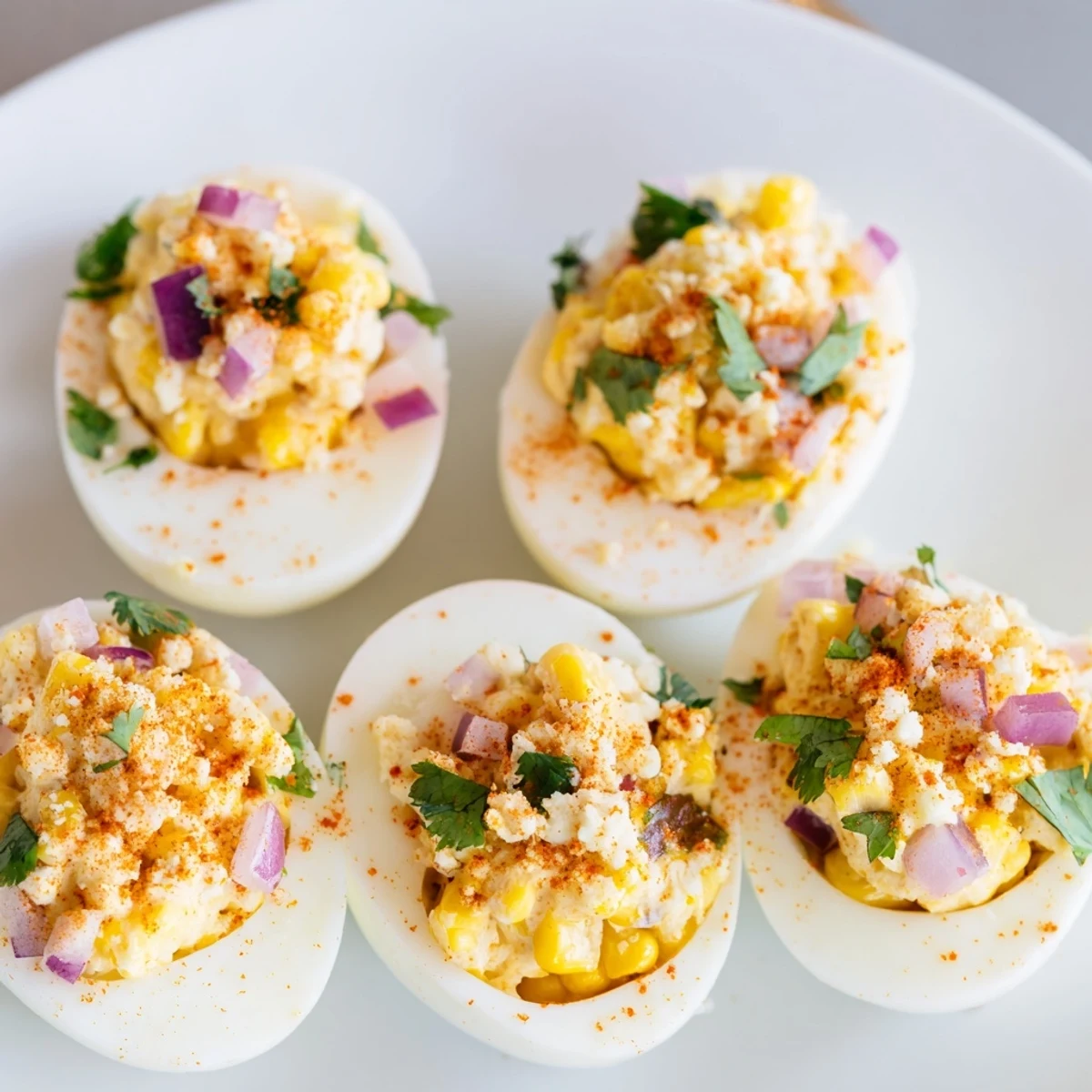 Creamy Mexican Street Corn Deviled Eggs garnished with chili powder and lime wedges
