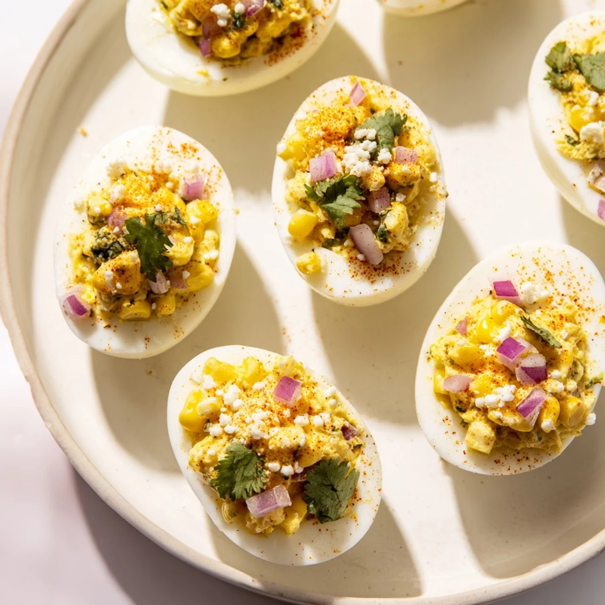 Golden corn filled Mexican Street Corn Deviled Eggs sprinkled with Tajín on serving platter