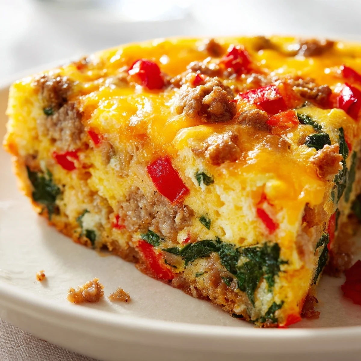 Golden high protein egg casserole with melted cheddar, colorful vegetables, and crumbled turkey sausage