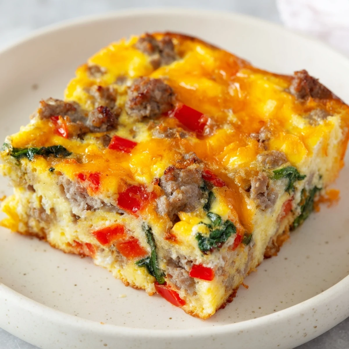 Sliced high protein egg casserole displaying fluffy eggs, spinach, peppers, and cheesy golden topping