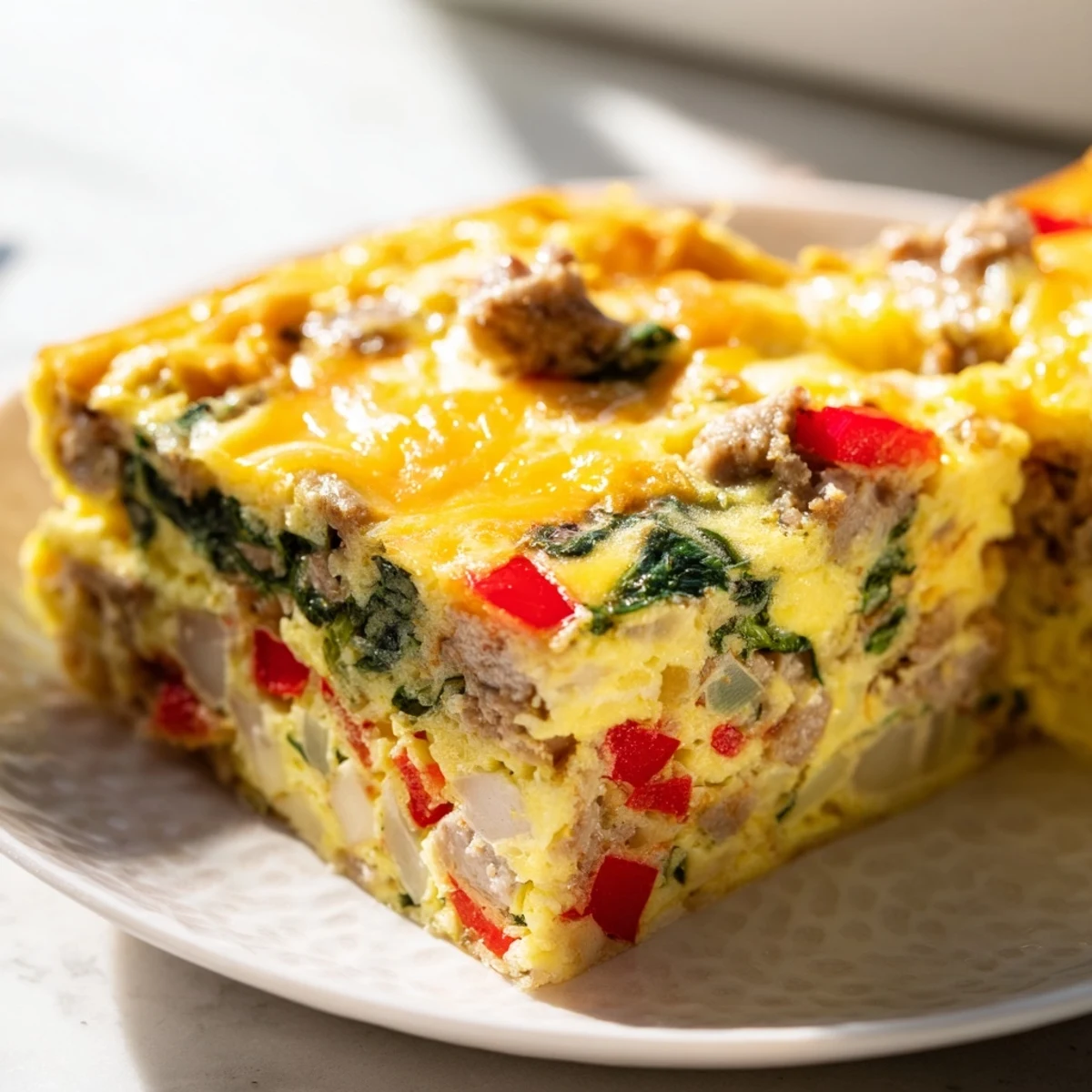 Baked high protein egg casserole in a serving dish with vibrant red peppers and melted cheese