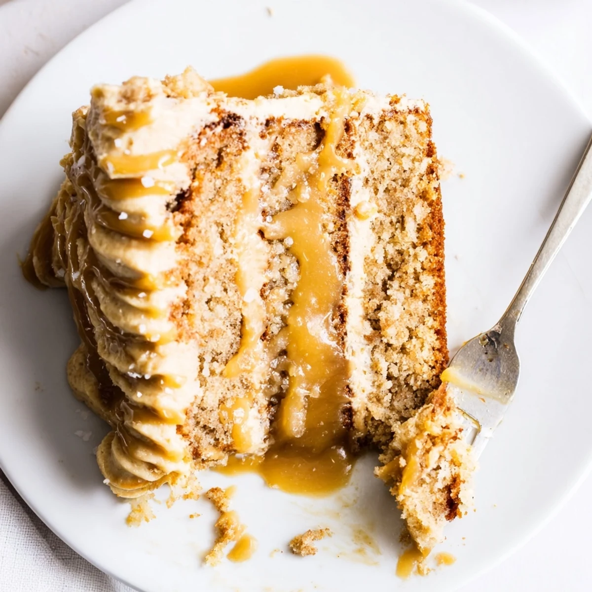 Moist salted caramel brown butter banana cake topped with glossy caramel sauce and sea salt