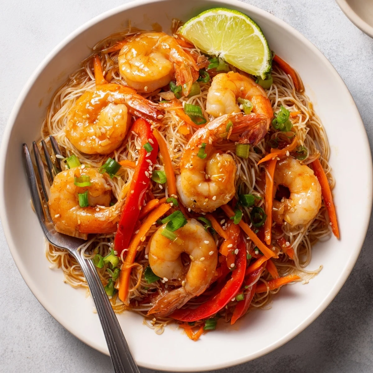 Spicy Garlic Shrimp Noodles Recipe steaming in wok, glossy sauce, lime