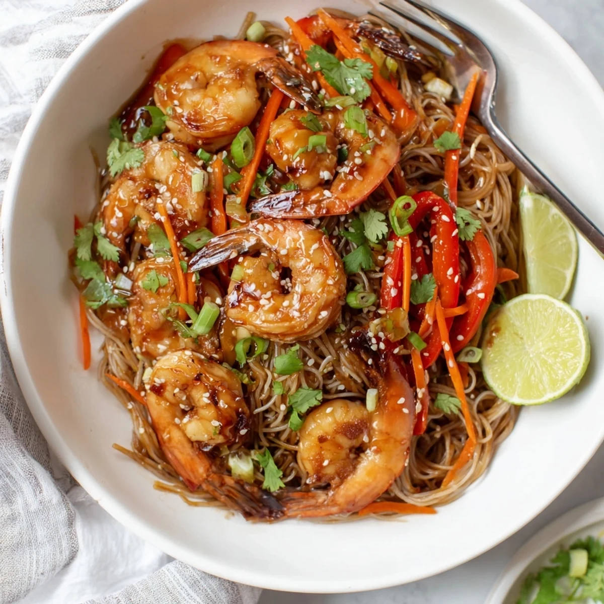 Bright Spicy Garlic Shrimp Noodles Recipe tossed with cilantro, crunchy vegetables