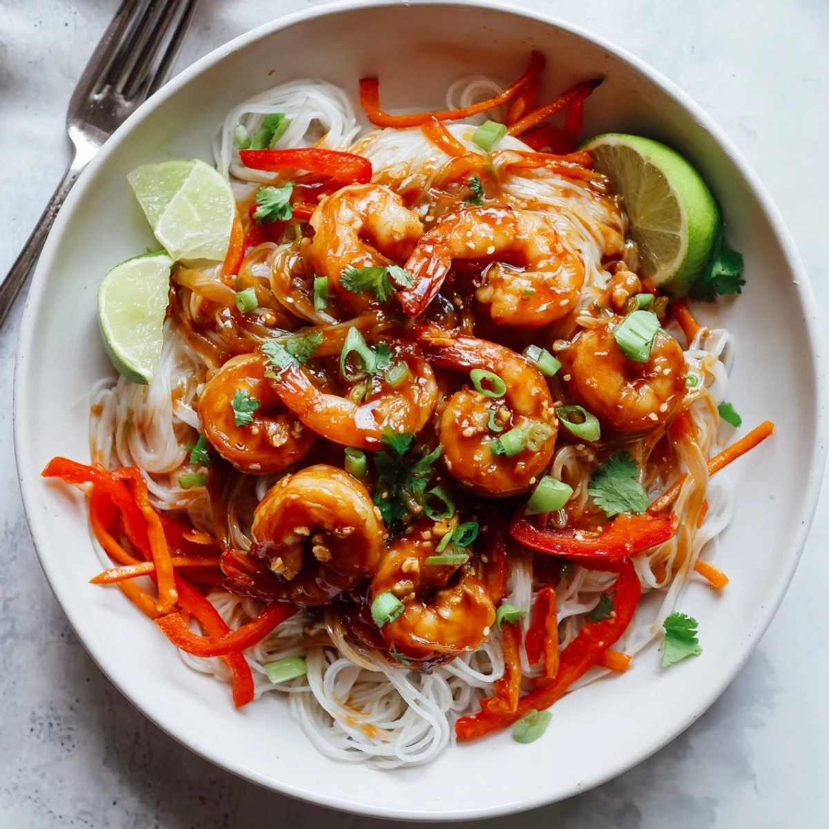 Spicy Garlic Shrimp Noodles Recipe served hot with lime wedge and cilantro