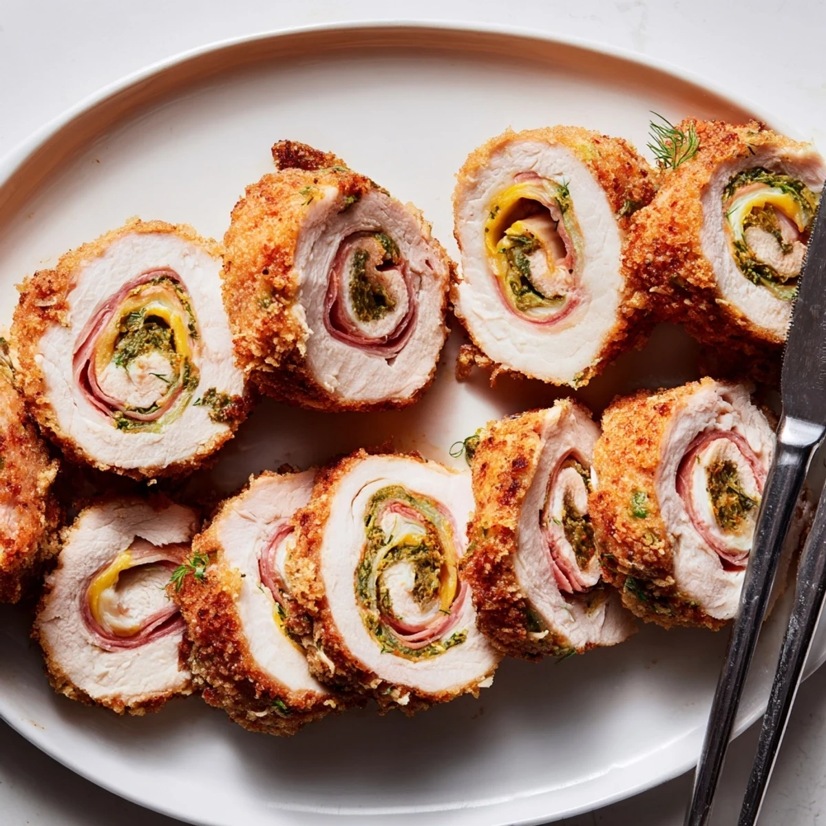 Golden herbed breadcrumb crust surrounds Crispy Pickle Brined Chicken Rolls on parchment