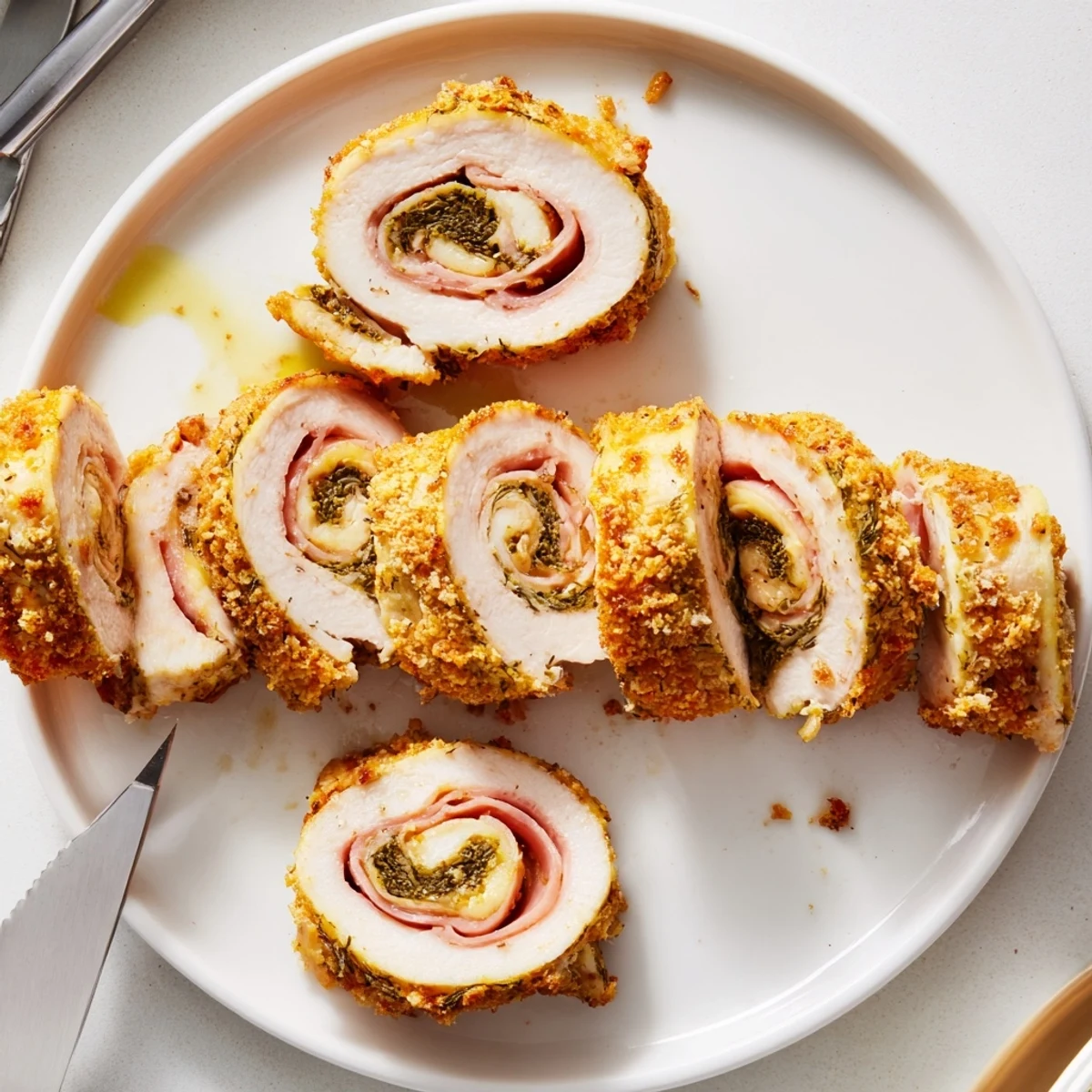 Crispy Pickle Brined Chicken Rolls sliced open, golden crust and melted cheese oozing