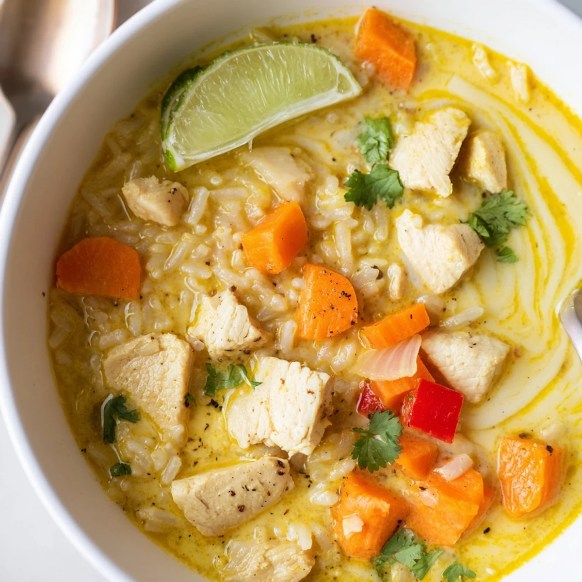 Golden Coconut Chicken Rice Soup steaming in bowl with cilantro and lime