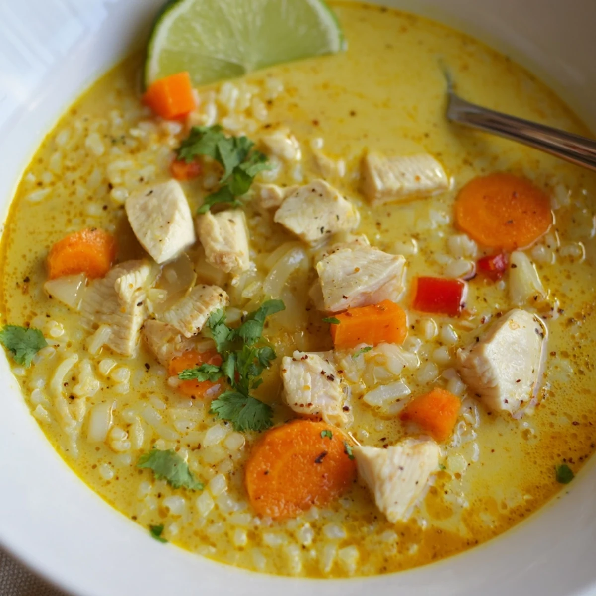 Creamy Golden Coconut Chicken Rice Soup ladled over jasmine rice, fragrant turmeric