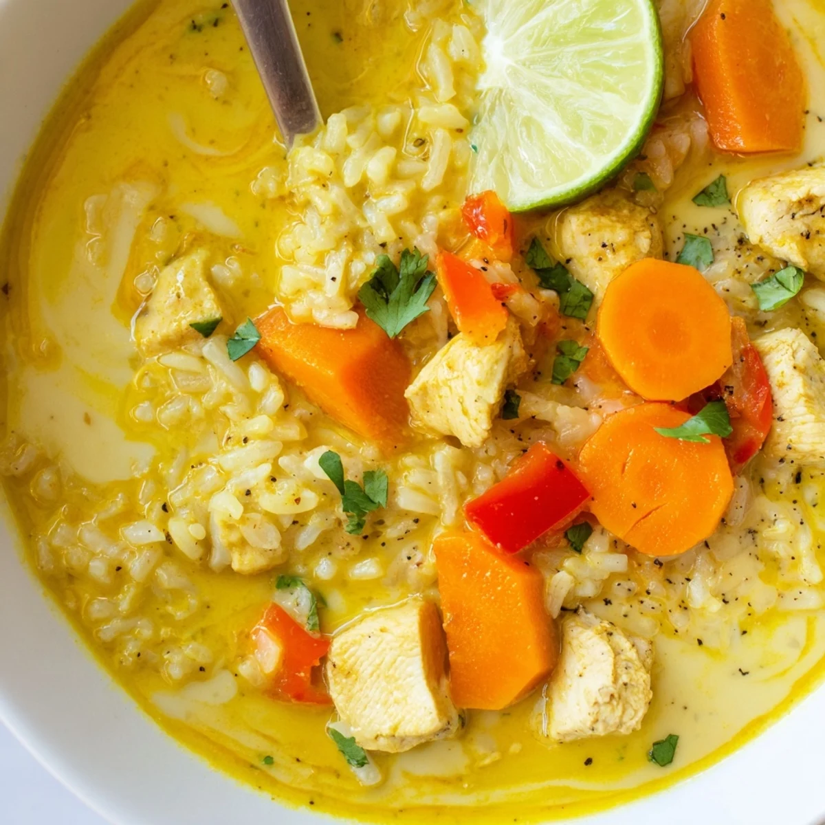 Weeknight Golden Coconut Chicken Rice Soup, silky coconut broth, tender chicken, lime wedges