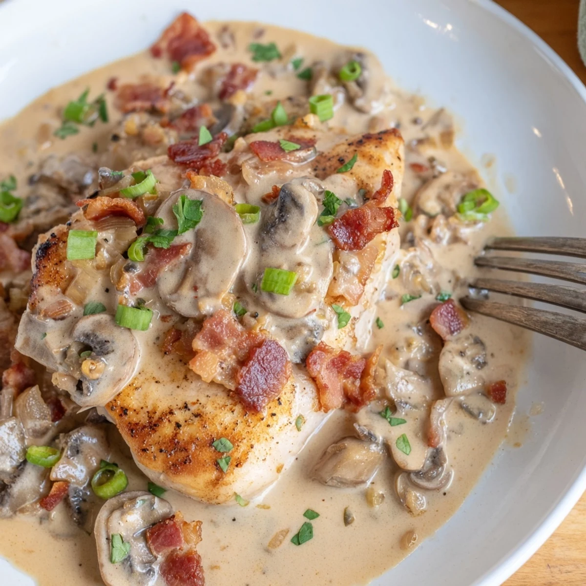 Mississippi Mud Chicken: seared breasts smothered in creamy smoky bacon mushroom sauce