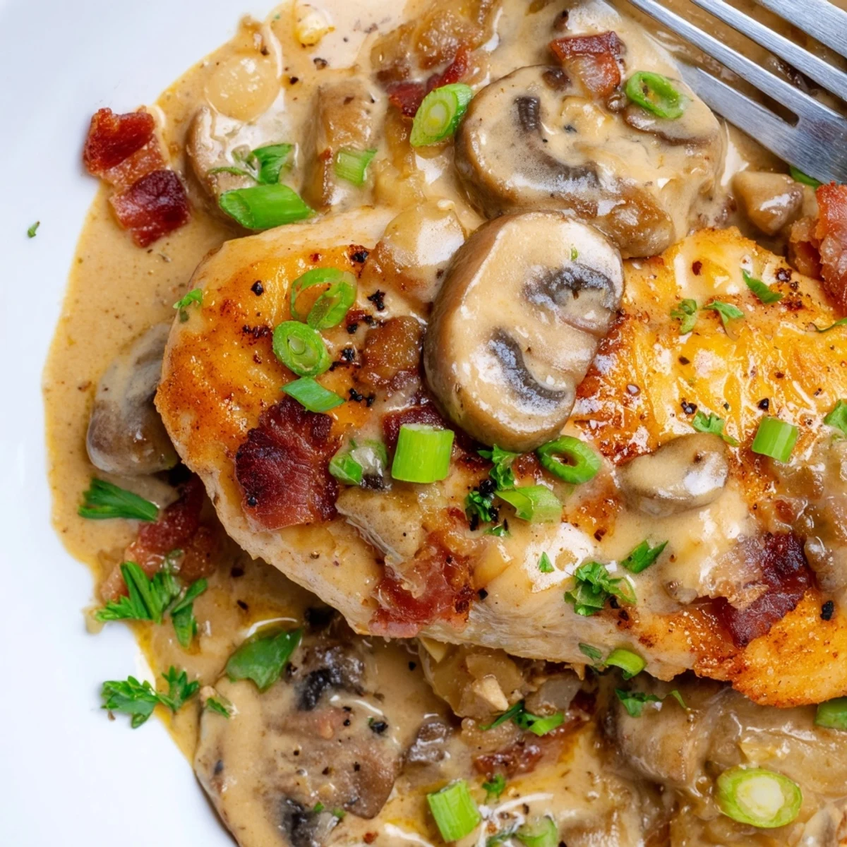 Oven-baked Mississippi Mud Chicken bubbling with cheddar, crispy bacon, and earthy mushrooms