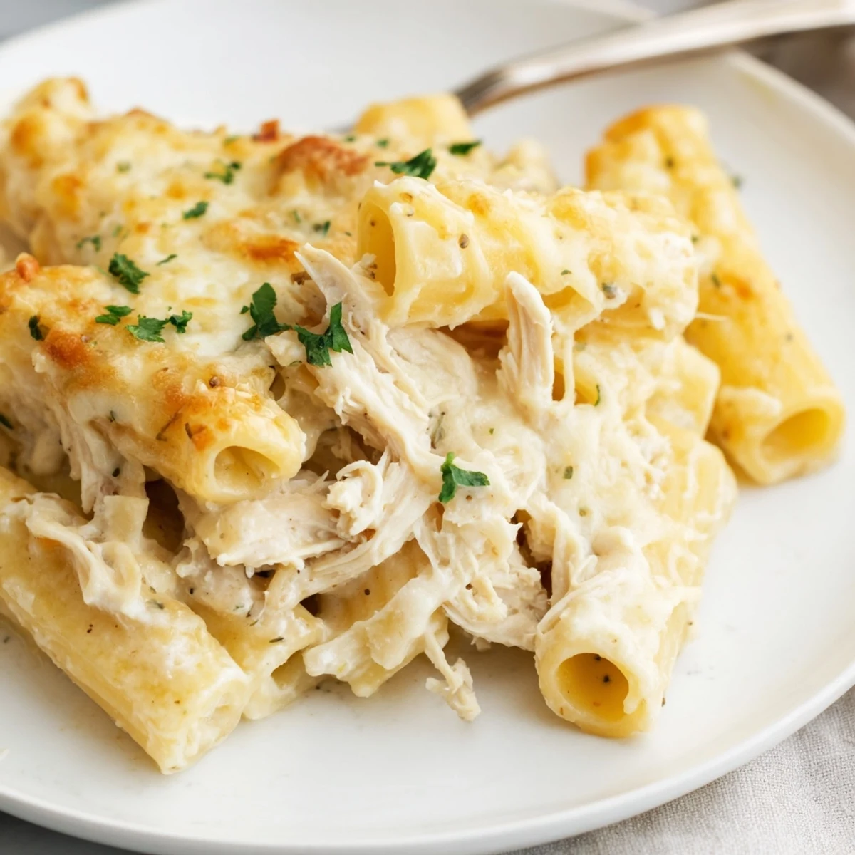 Steaming Creamy Chicken Alfredo Bake With Mozzarella Crust garnished with fresh parsley