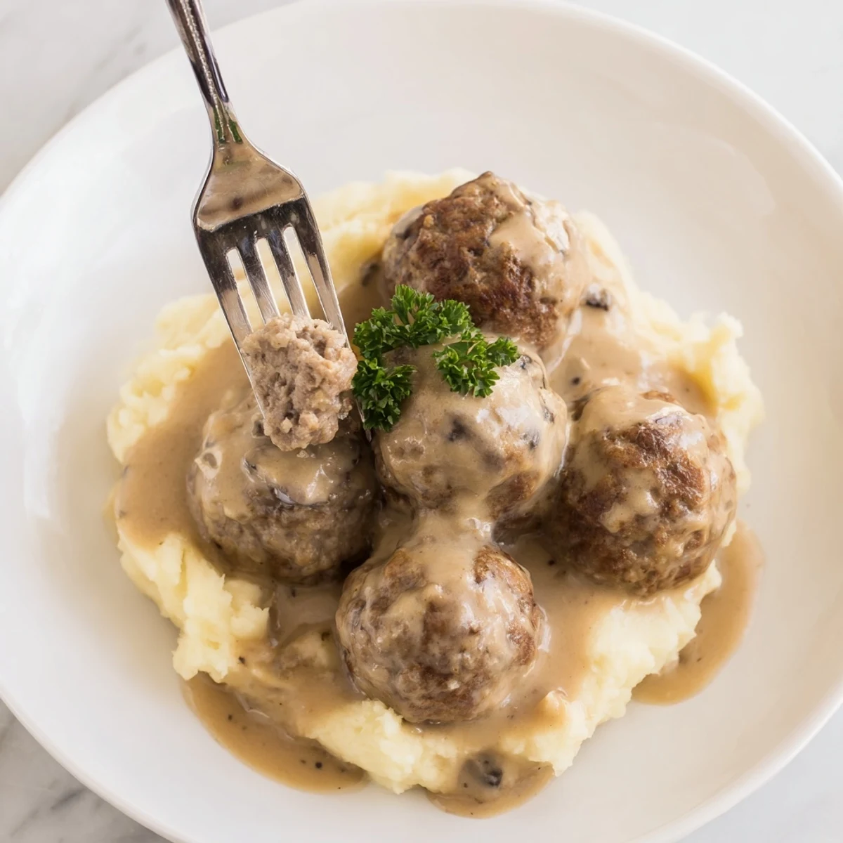 Savory Crockpot Meatballs Gravy steaming, ladle pouring over buttery rice and vegetables.