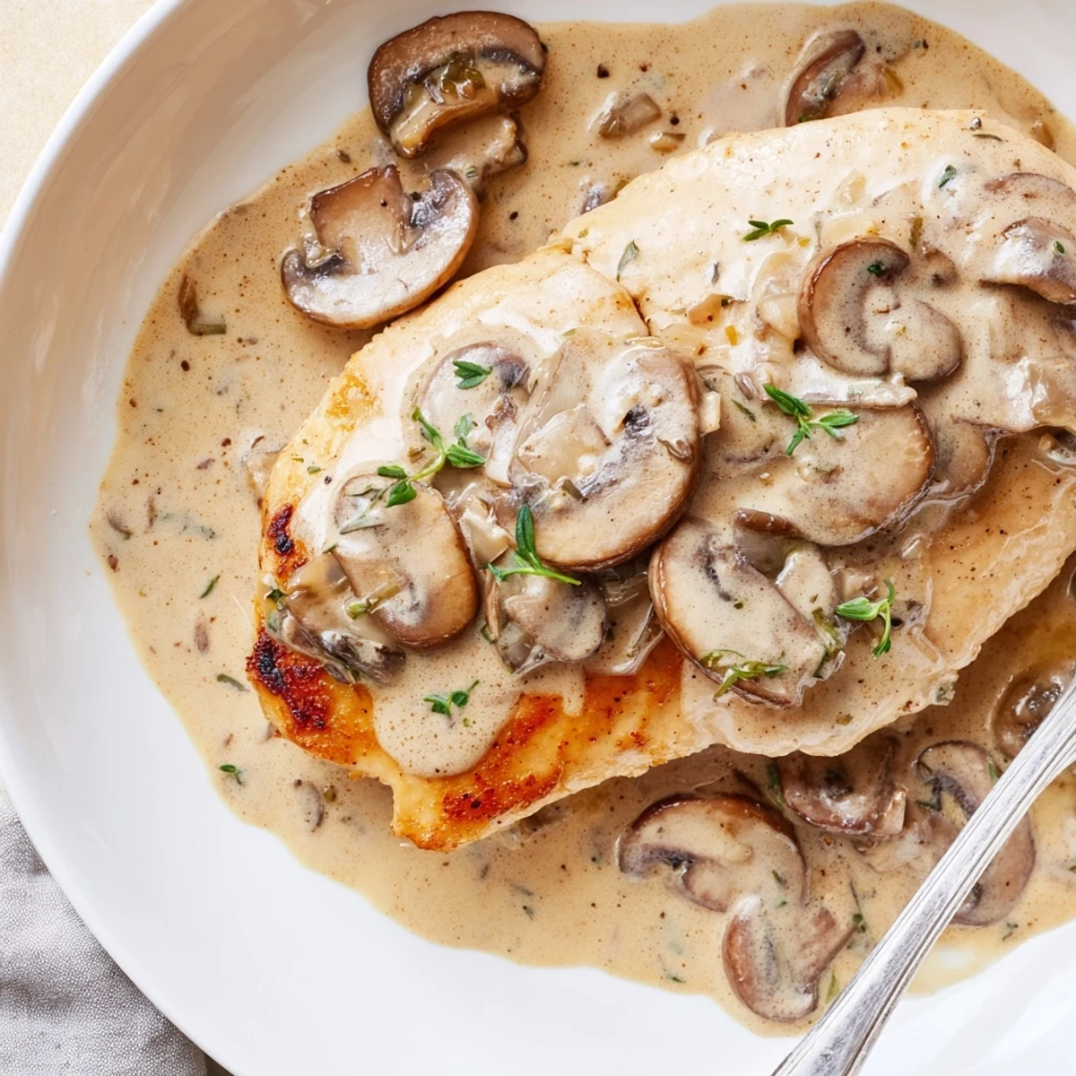 Comforting Skillet Chicken And Mushroom Sauce simmering with browned mushrooms and thyme