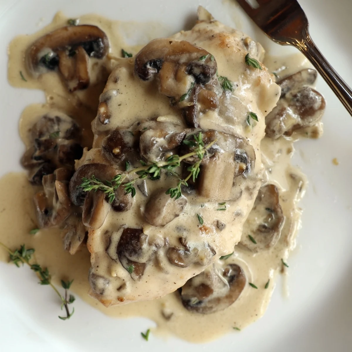 Skillet Chicken And Mushroom Sauce with golden seared chicken and creamy sauce