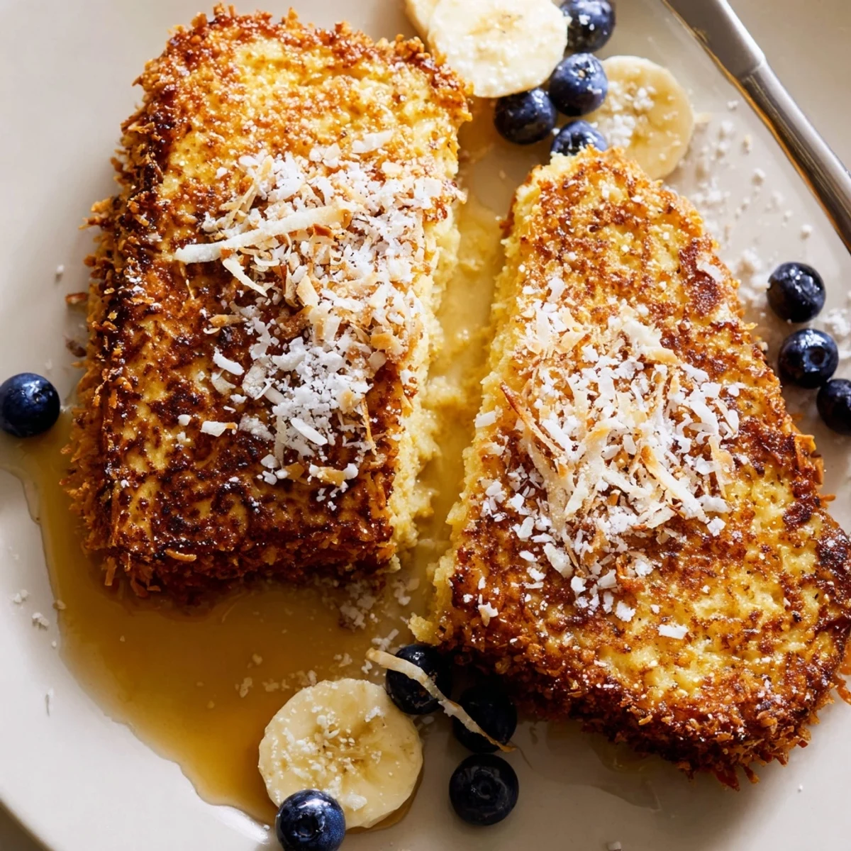 Coconut Crusted French Toast with golden crispy edges and warm custardy center
