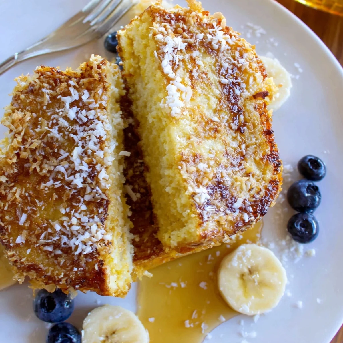 Pan-fried Coconut Crusted French Toast on brioche, dusted with powdered sugar
