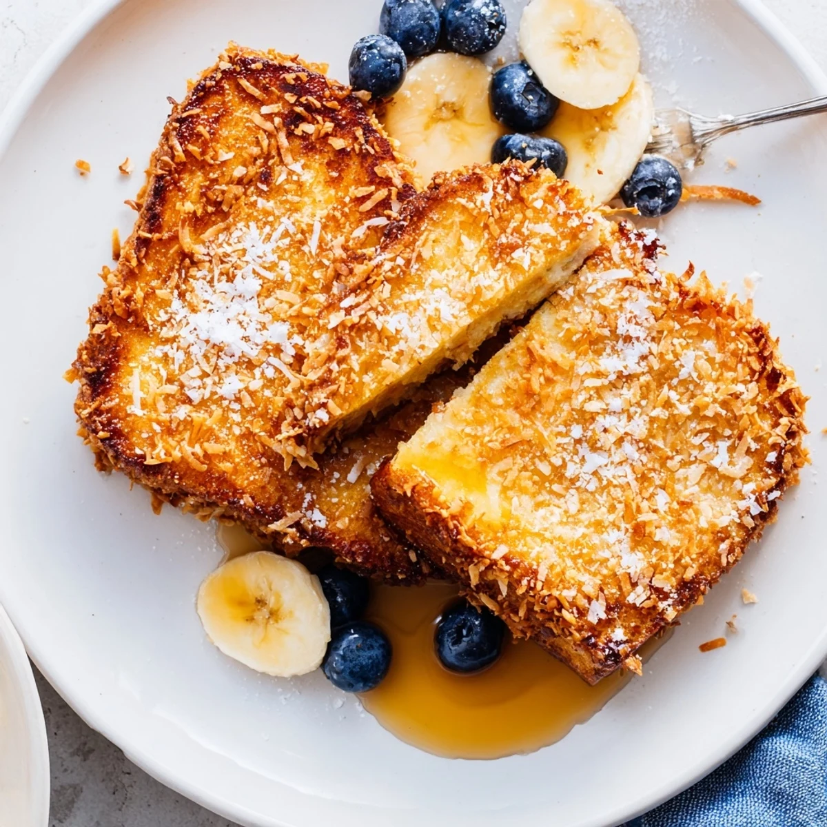 Warm Coconut Crusted French Toast topped with maple syrup and fresh berries