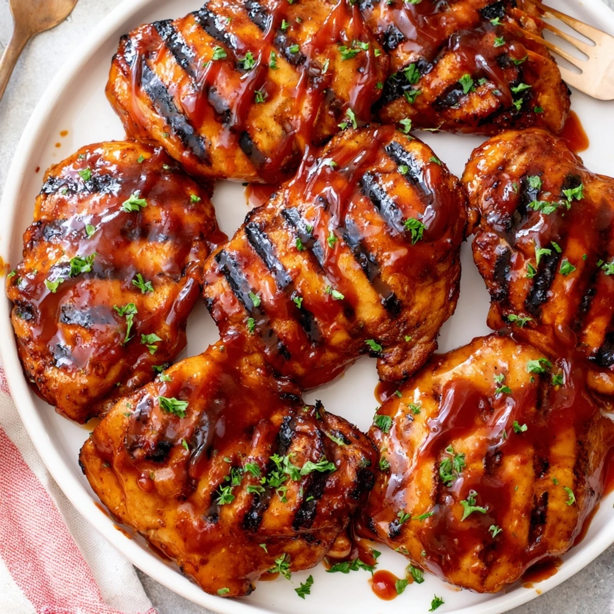 Grilled Honey Buffalo Chicken Thighs glossy with sticky sauce, charred grill-marked edges