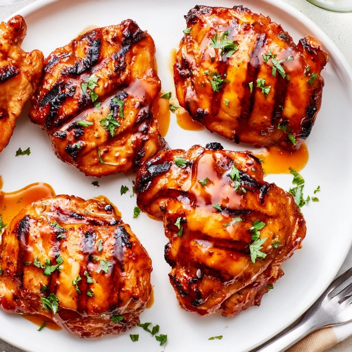 Smoky, sweet heat on Grilled Honey Buffalo Chicken Thighs, garnished with chopped parsley