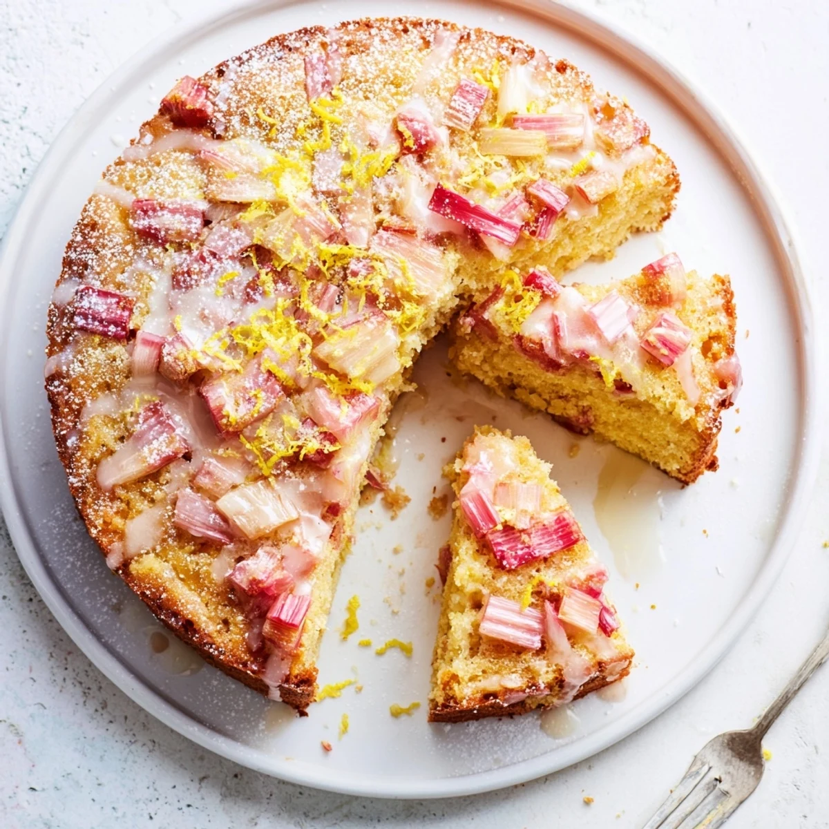 Golden Zesty Rhubarb Lemon Drizzle Cake topped with sweet glaze and fresh lemon zest