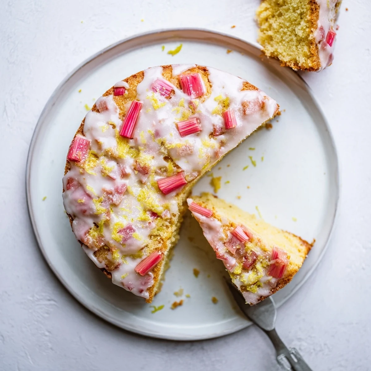Slice of rhubarb lemon cake showing tender crumb with sugary lemon topping and garnish