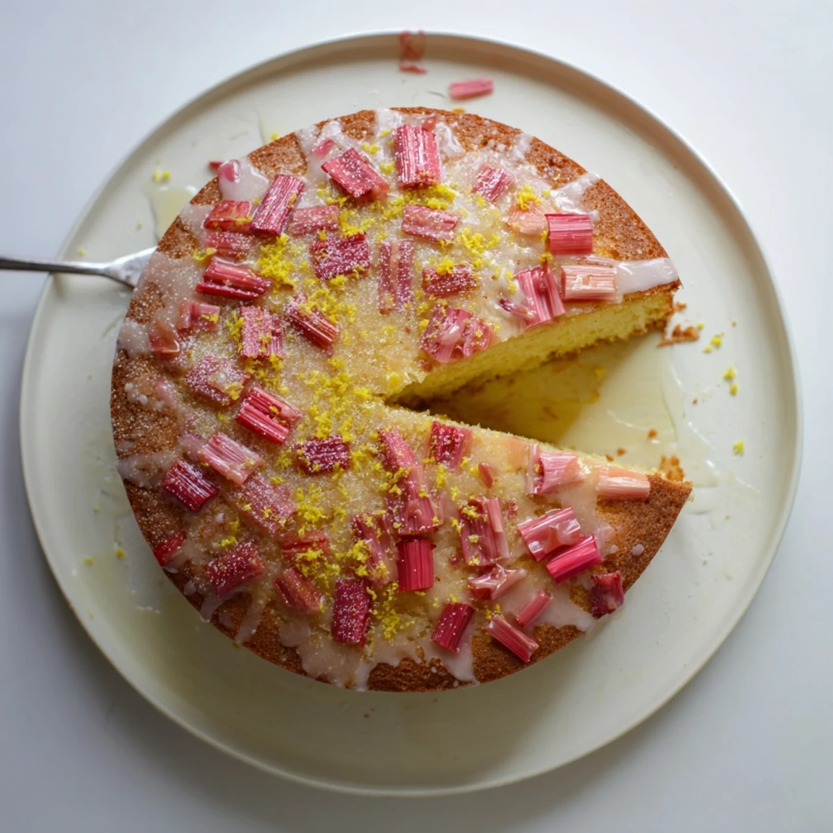 Moist cake studded with pink rhubarb pieces drizzled with tangy lemon syrup on white plate