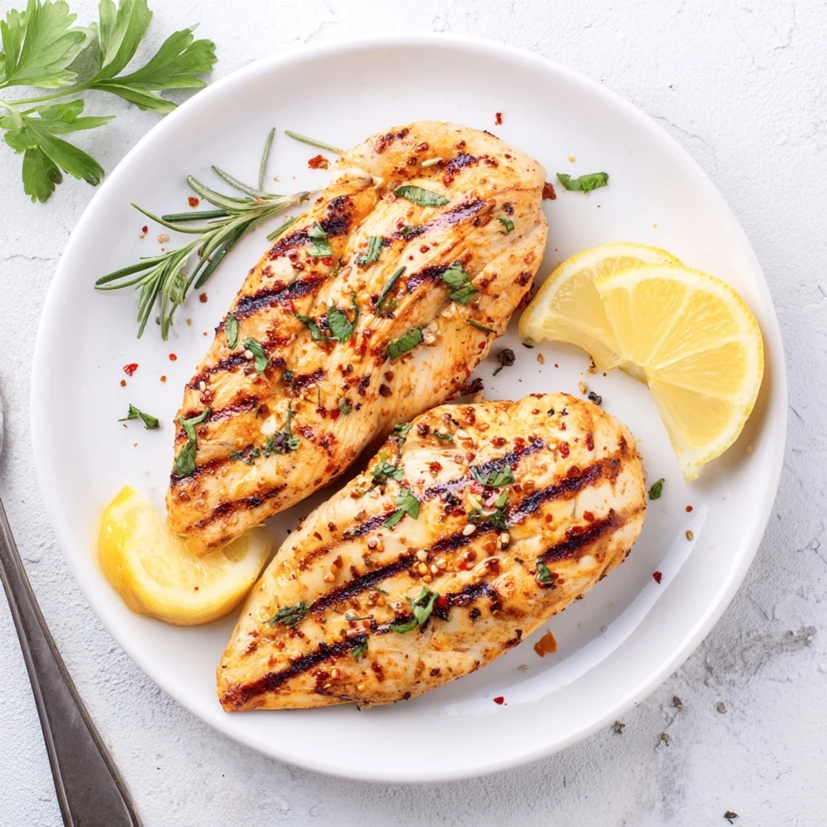 Golden herb rubbed grilled chicken breasts with charred grill marks and fresh lemon wedges on a white platter