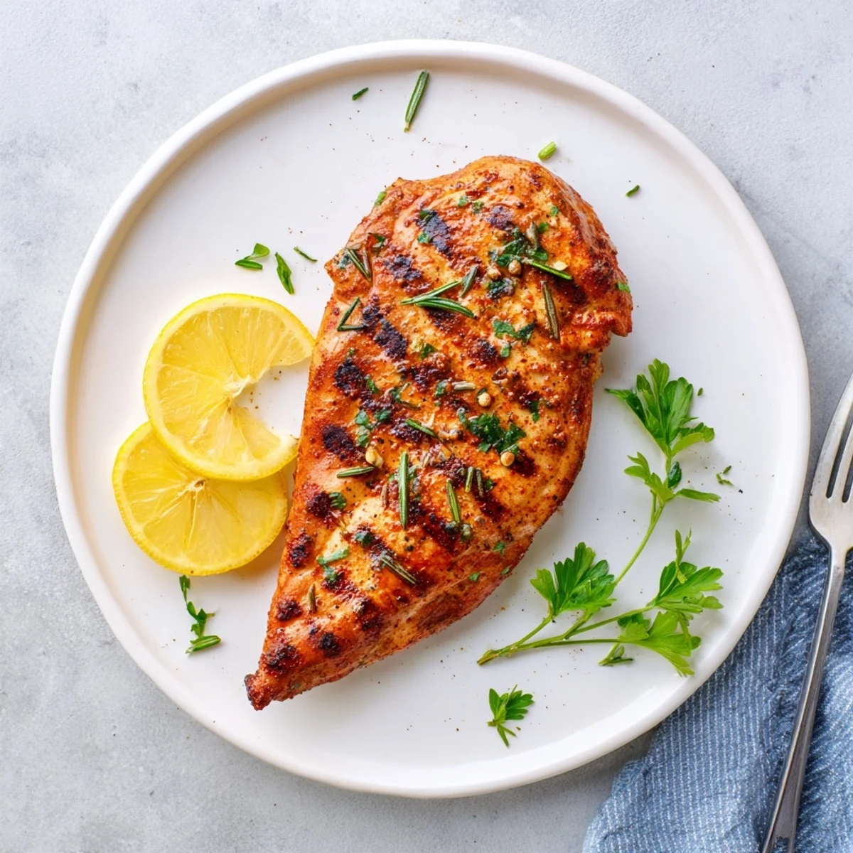 Savory herb crusted grilled chicken delight garnished with chopped parsley and served with zesty lemon slices