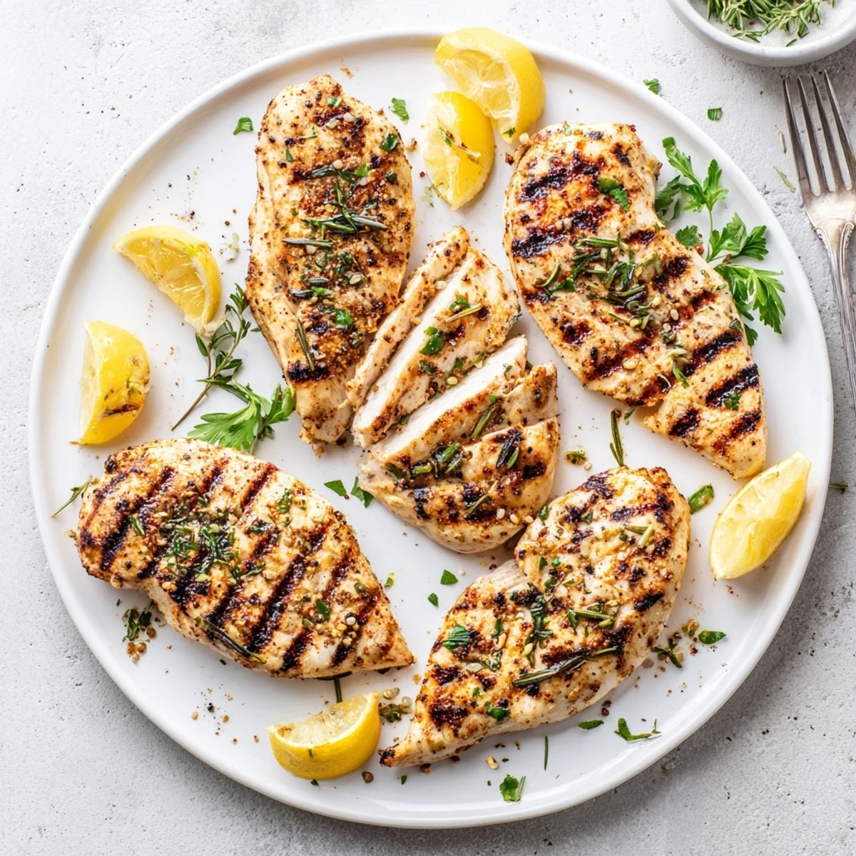 Juicy herb seasoned chicken fresh off the grill with aromatic rosemary thyme and paprika coating