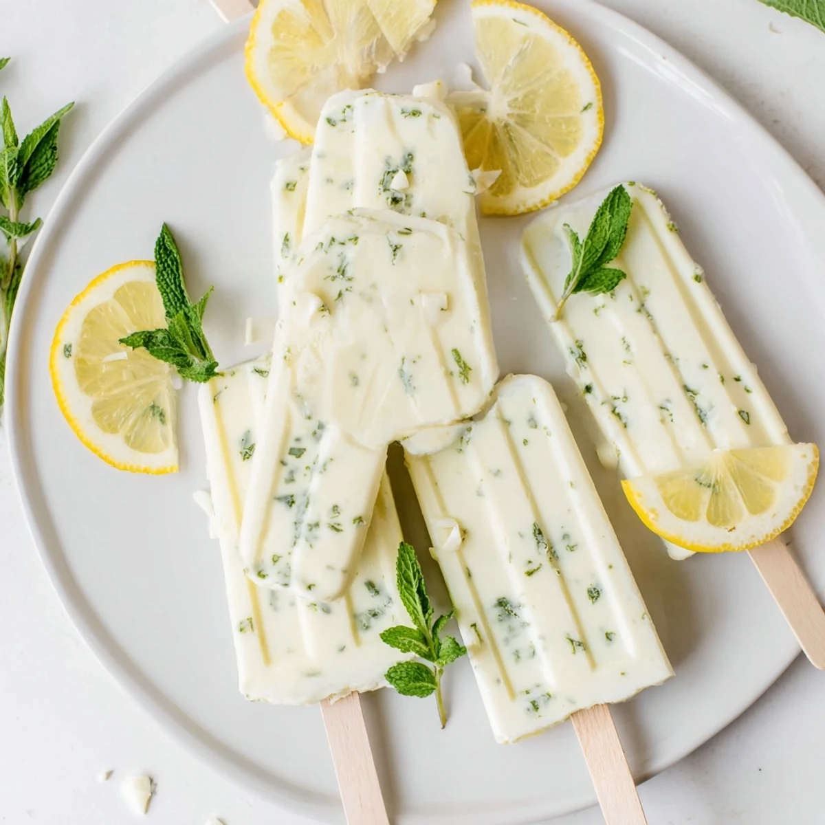 Creamy frozen lemon yogurt popsicles with fresh zest and honey drizzle on wooden sticks