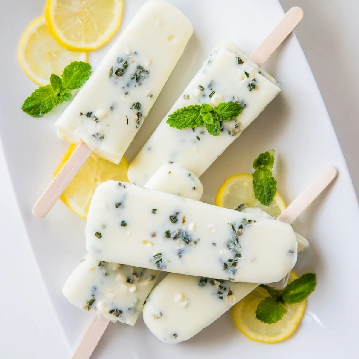 Golden yellow zesty lemon yogurt popsicles ready for summer with mint garnish