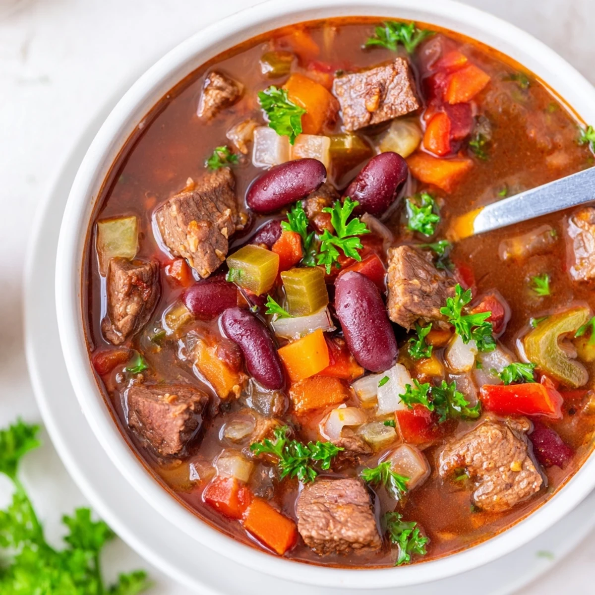 Savory beef and bean soup delight simmers in a rustic pot with tender beef chunks and colorful vegetables