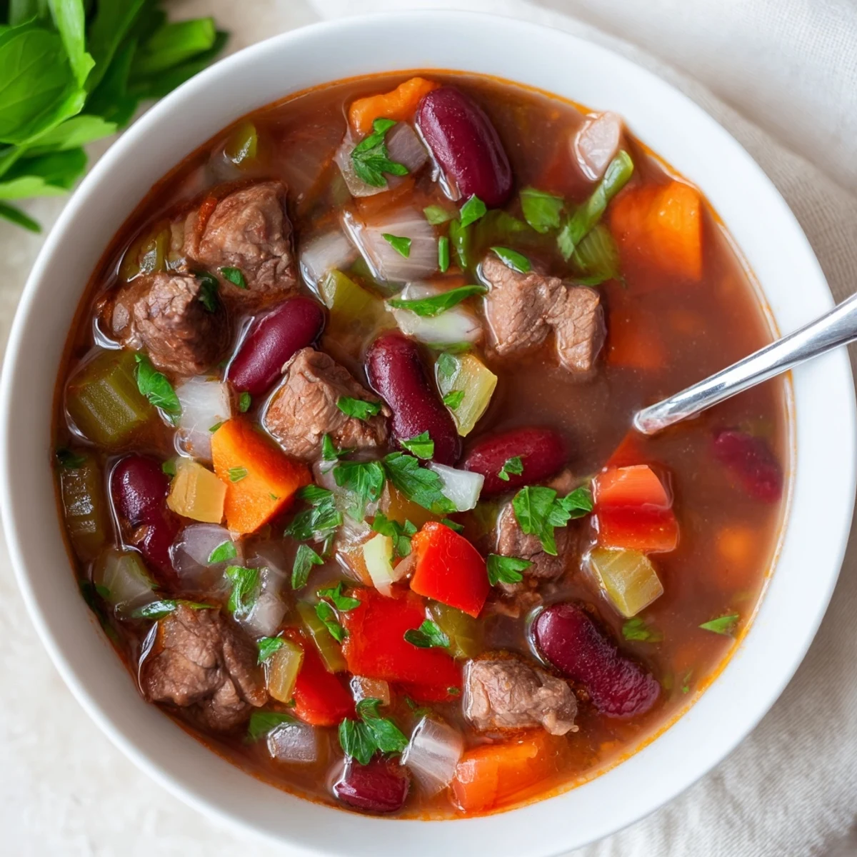 Hearty beef and bean soup delight ladled into a bowl featuring kidney beans, carrots, and savory broth