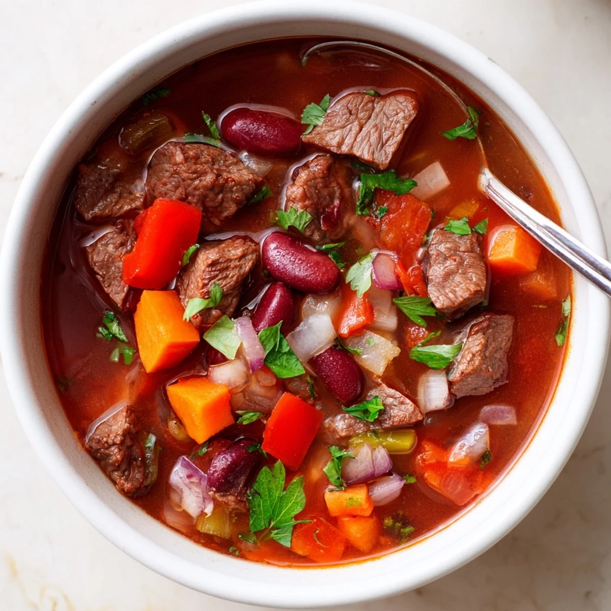 Steaming bowl of savory beef and bean soup delight garnished with fresh parsley and served with crusty bread